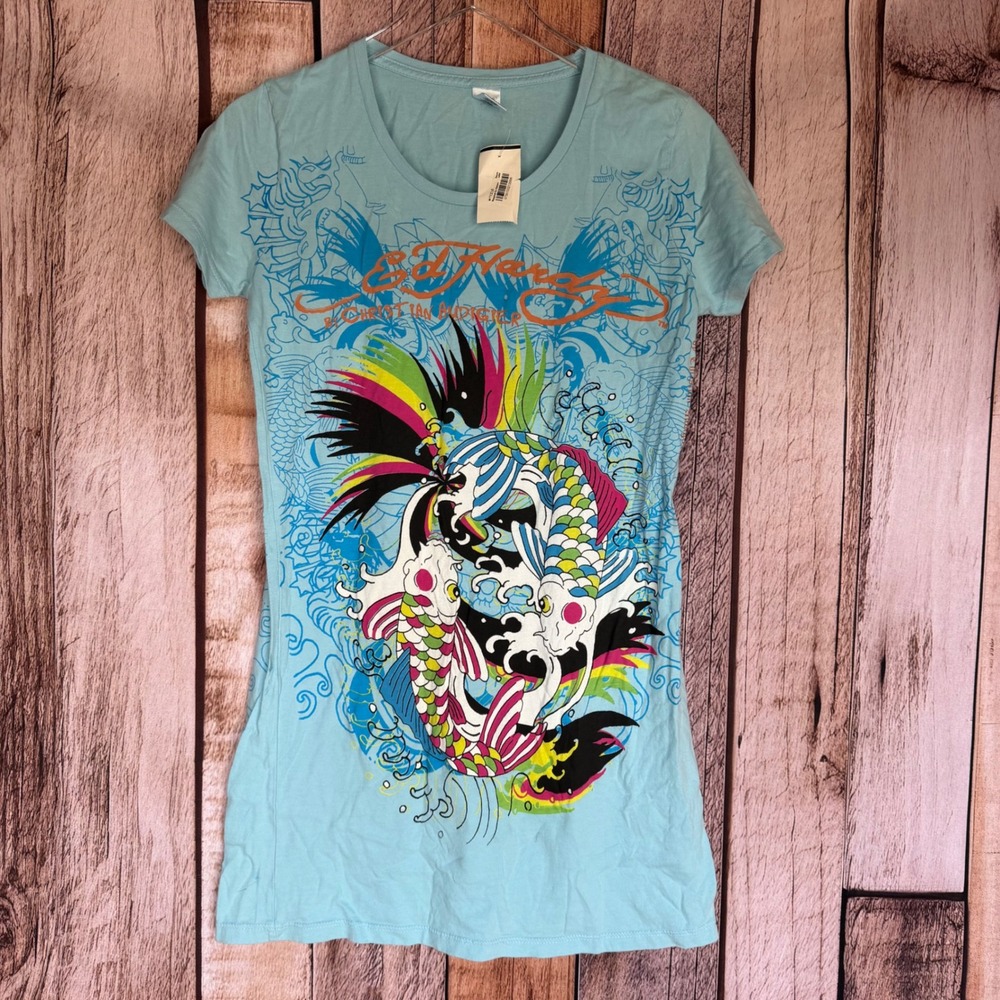 Ed Hardy Light Blue Graphic Koi Tee with Multicolor Accents